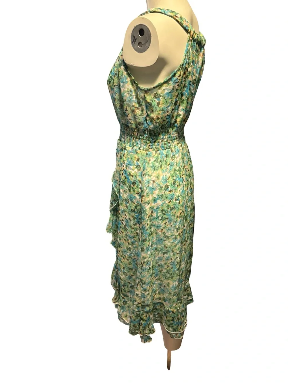 Cato Blue-Green Floral Smocked Midi Dress with Ruffle Trim